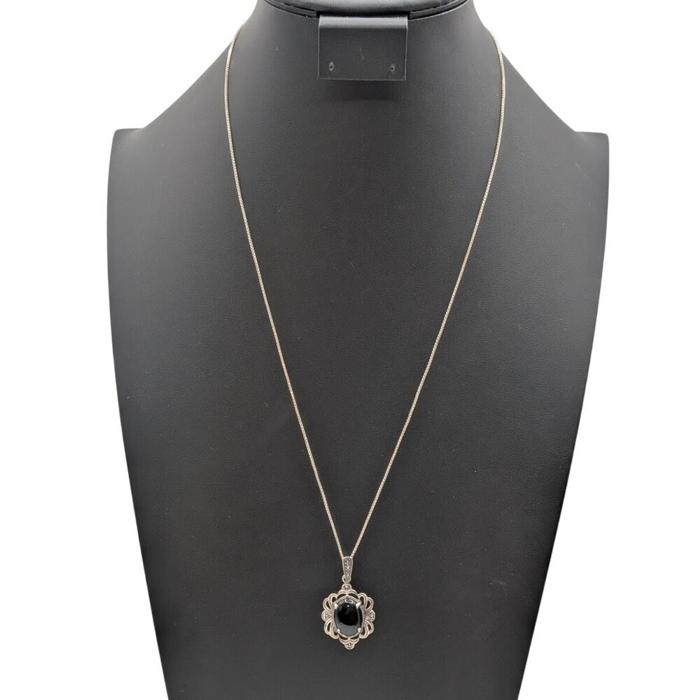 Vintage Art Deco Black Onyx Marcasite 925 Sterling Silver Pendant Chain Necklace